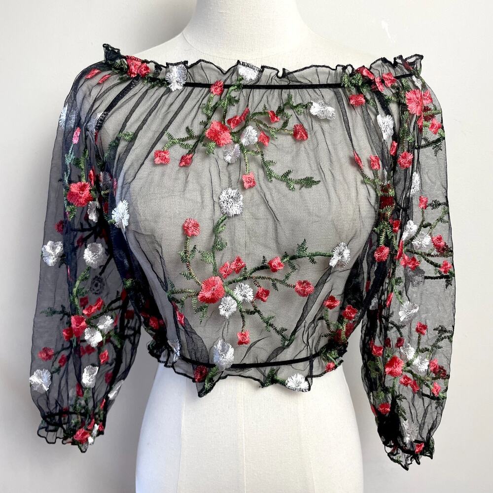 Sheer Floral Embroidered Black Cropped Top Small Coquetteβ Romantic Cottagecore
